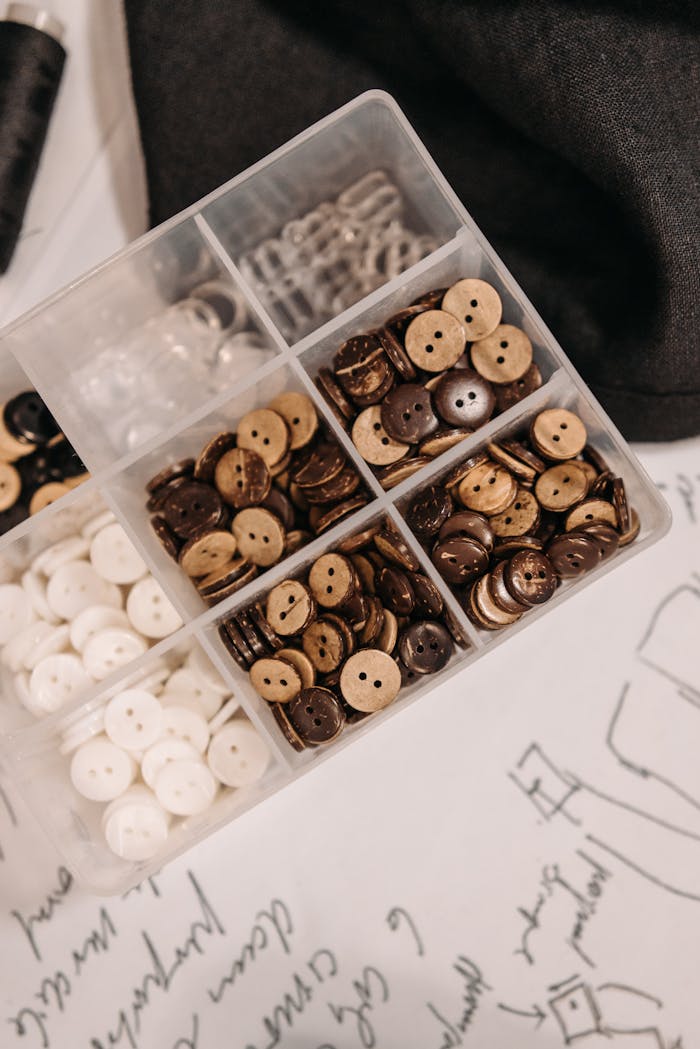 heros-img Top view of assorted brown and white buttons organized in a plastic container for sewing projects.